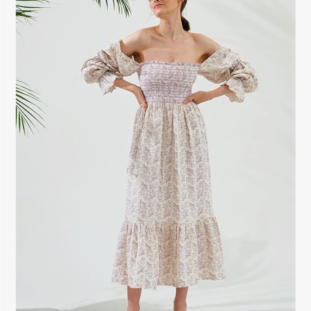 Smocked Off-Shoulder Floral Midi Dress in Light Lavender